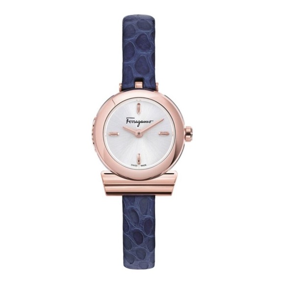 Salvatore Ferragamo Gancino Rose Gold and Blue Leather Women's 23mm Watch NEW